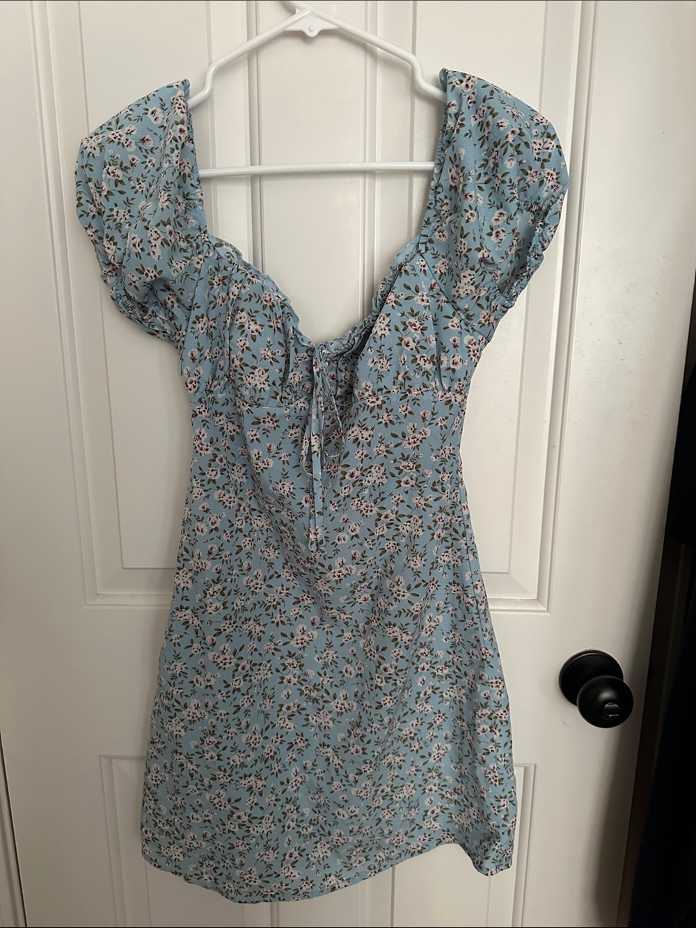 Womens Blue Floral Puff Sleeve Mini Dress Cottagecore Milkmaid Tie Front